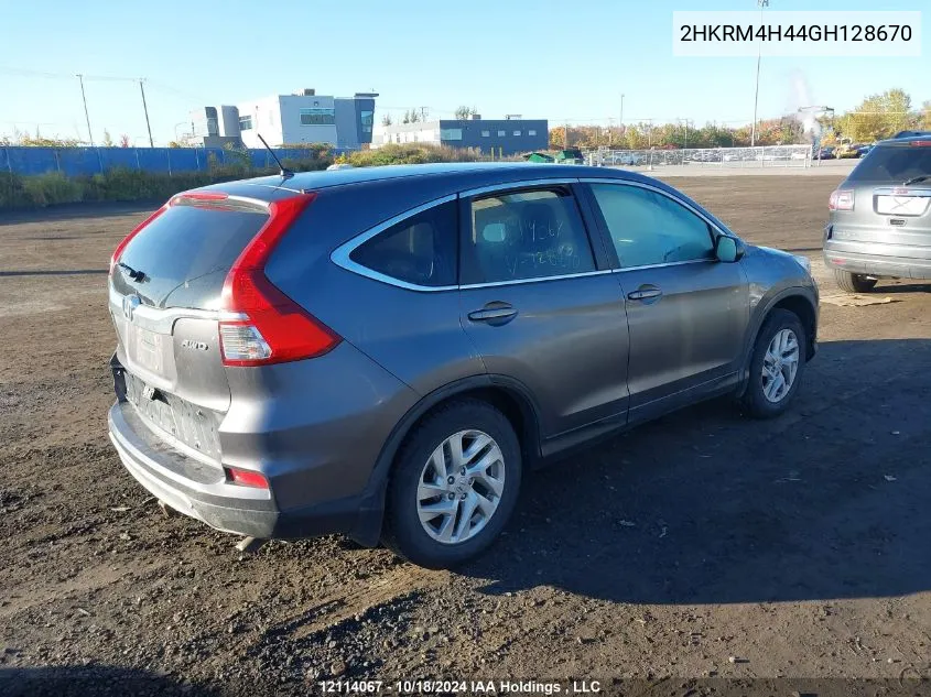 2016 Honda Cr-V VIN: 2HKRM4H44GH128670 Lot: 12114067