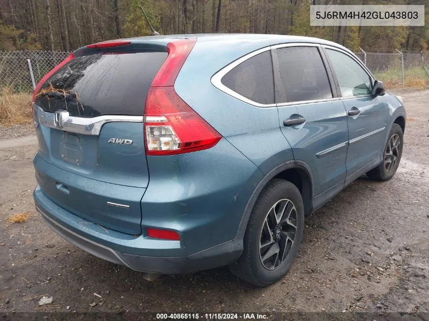 2016 Honda Cr-V Se VIN: 5J6RM4H42GL043803 Lot: 40865115