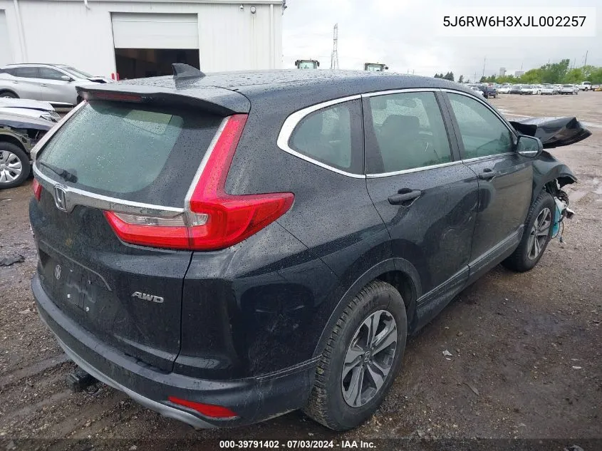 2018 Honda Cr-V Lx VIN: 5J6RW6H3XJL002257 Lot: 39791402