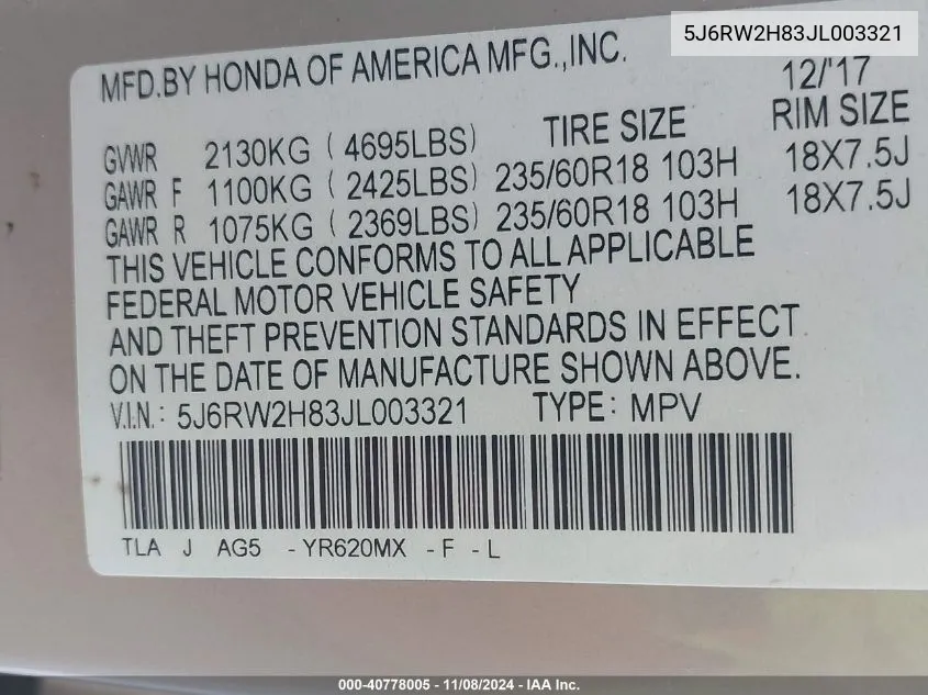 2018 Honda Cr-V Ex-L/Ex-L Navi VIN: 5J6RW2H83JL003321 Lot: 40778005