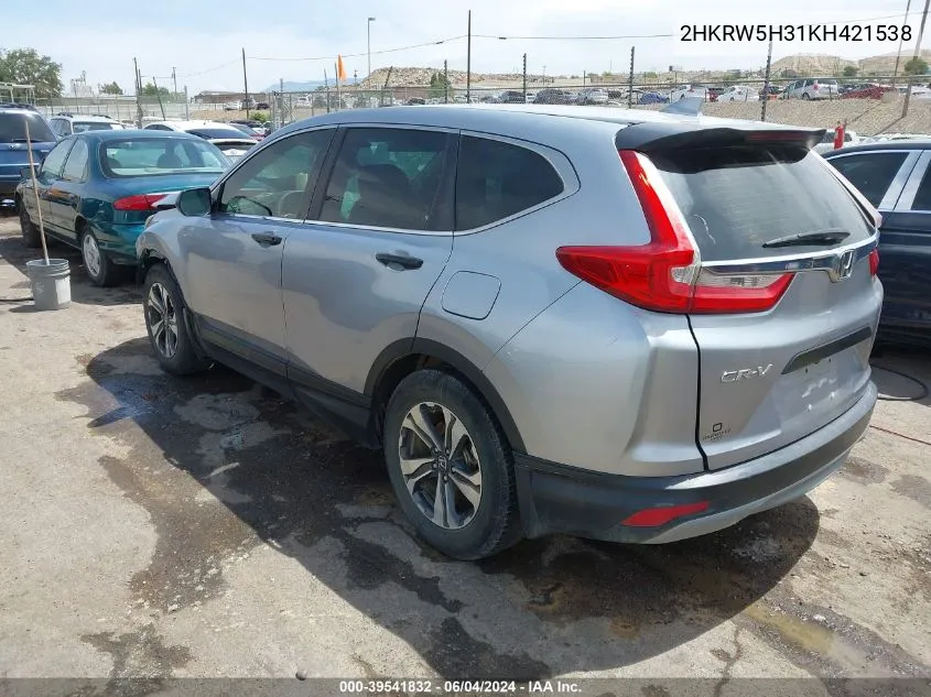 2019 Honda Cr-V Lx VIN: 2HKRW5H31KH421538 Lot: 39541832