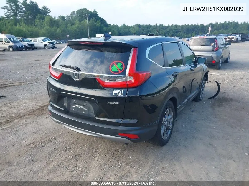 2019 Honda Cr-V Ex-L VIN: JHLRW2H81KX002039 Lot: 39866615