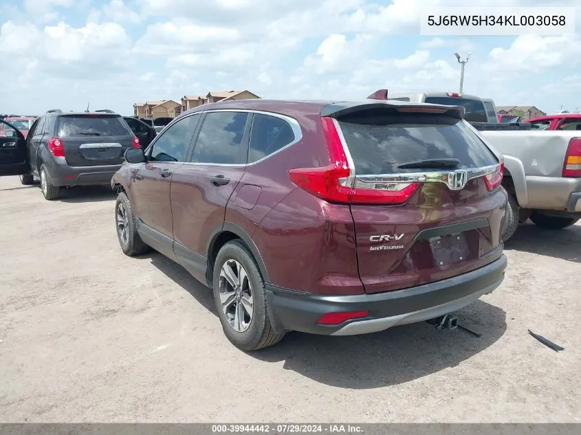 2019 Honda Cr-V Lx VIN: 5J6RW5H34KL003058 Lot: 39944442