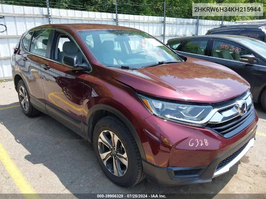 2019 Honda Cr-V Lx VIN: 2HKRW6H34KH215944 Lot: 39956328