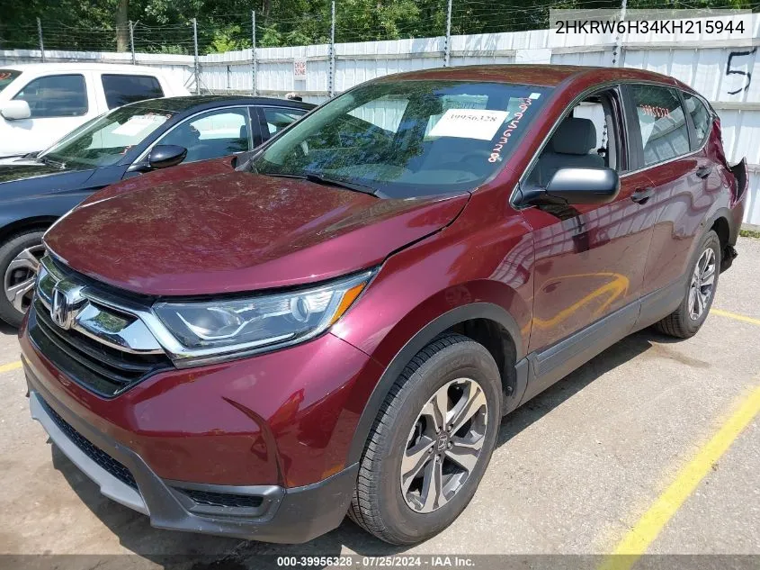 2019 Honda Cr-V Lx VIN: 2HKRW6H34KH215944 Lot: 39956328