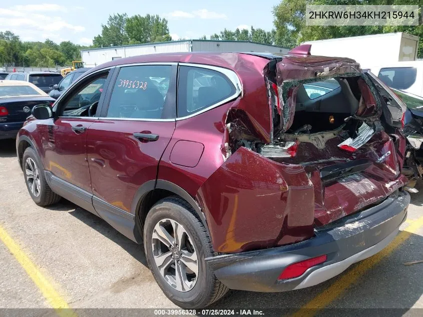 2019 Honda Cr-V Lx VIN: 2HKRW6H34KH215944 Lot: 39956328