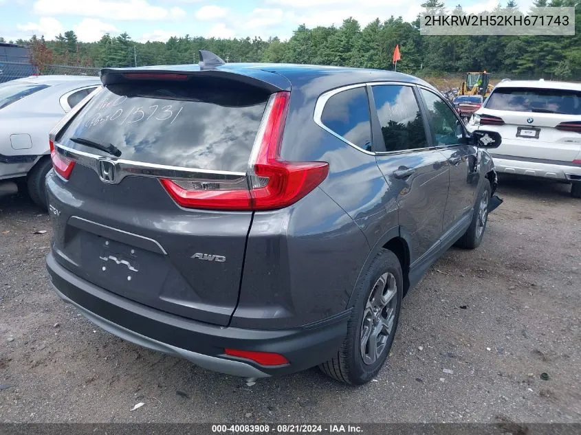 2019 Honda Cr-V Ex VIN: 2HKRW2H52KH671743 Lot: 40083908