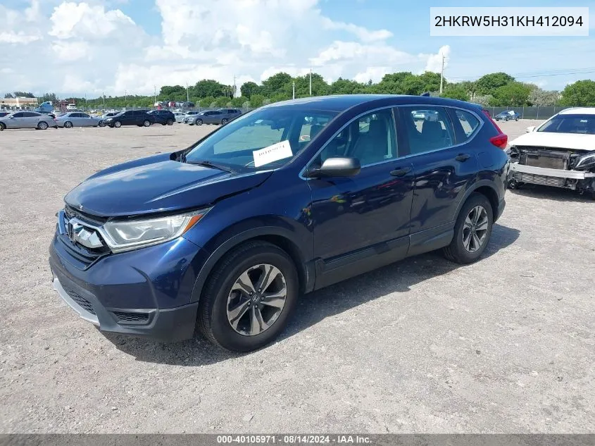 2019 Honda Cr-V Lx VIN: 2HKRW5H31KH412094 Lot: 40105971