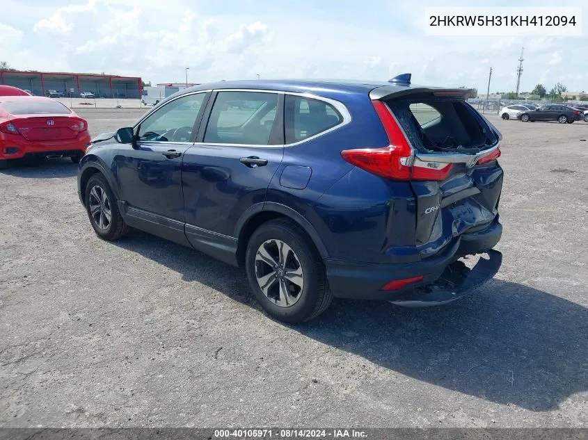 2019 Honda Cr-V Lx VIN: 2HKRW5H31KH412094 Lot: 40105971