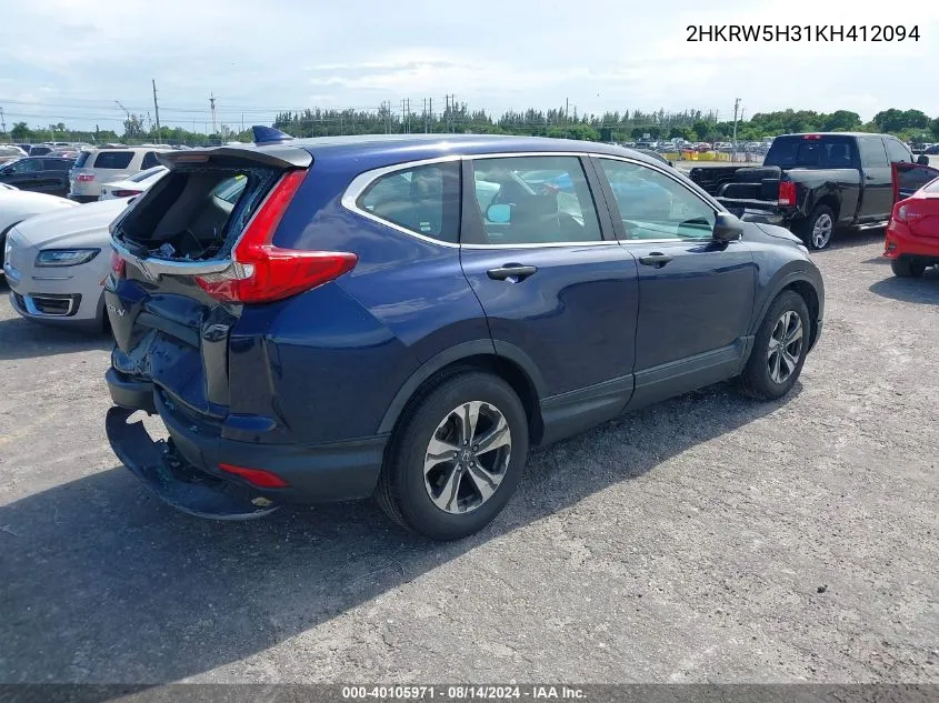 2019 Honda Cr-V Lx VIN: 2HKRW5H31KH412094 Lot: 40105971