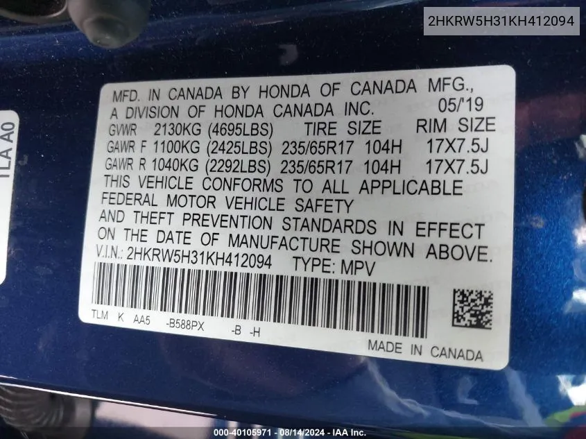 2HKRW5H31KH412094 2019 Honda Cr-V Lx