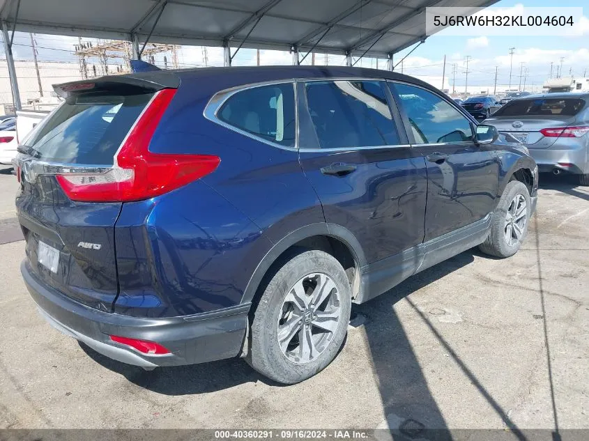 2019 Honda Cr-V Lx VIN: 5J6RW6H32KL004604 Lot: 40360291