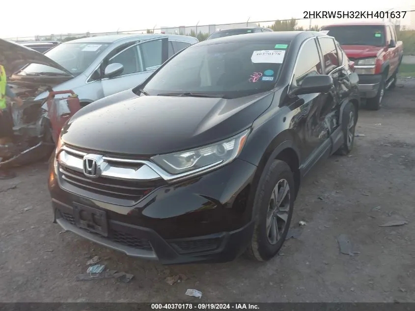 2019 Honda Cr-V Lx VIN: 2HKRW5H32KH401637 Lot: 40370178