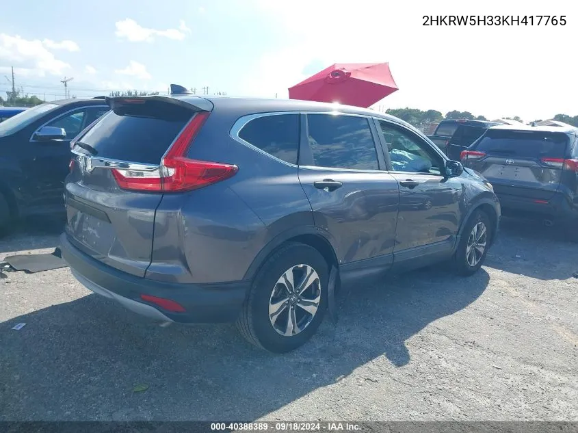 2019 Honda Cr-V Lx VIN: 2HKRW5H33KH417765 Lot: 40388389