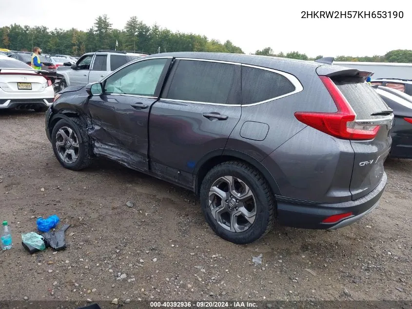 2019 Honda Cr-V Ex VIN: 2HKRW2H57KH653190 Lot: 40392936