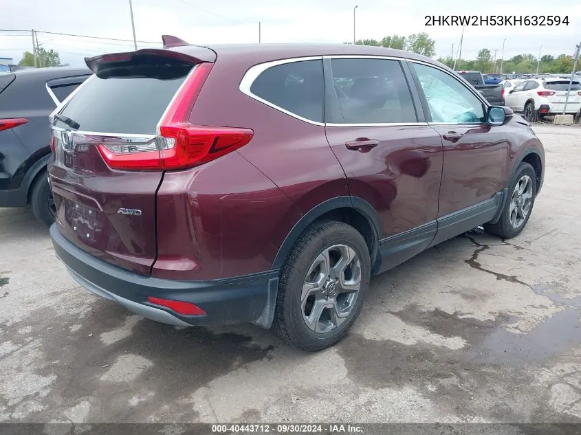 2019 Honda Cr-V Ex VIN: 2HKRW2H53KH632594 Lot: 40443712