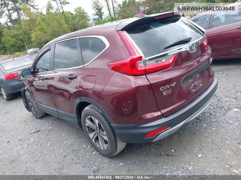 2019 Honda Cr-V Lx VIN: 5J6RW6H36KL003648 Lot: 40451402