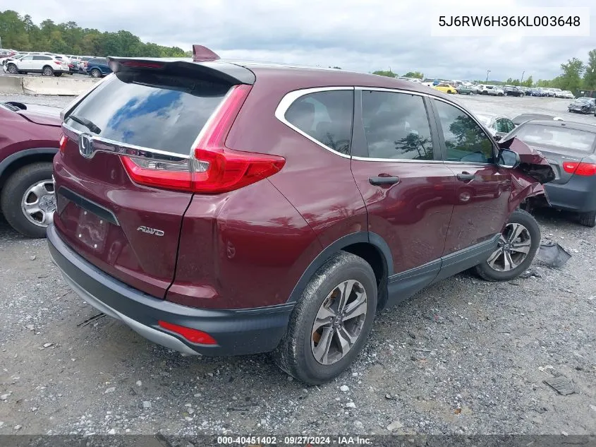 5J6RW6H36KL003648 2019 Honda Cr-V Lx