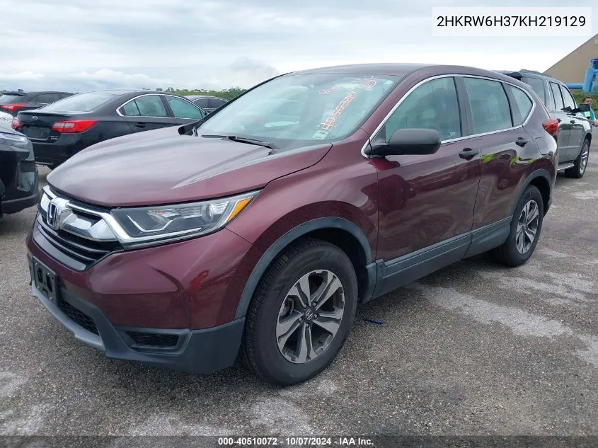 2019 Honda Cr-V Lx VIN: 2HKRW6H37KH219129 Lot: 40510072