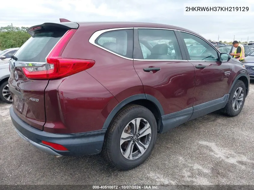 2019 Honda Cr-V Lx VIN: 2HKRW6H37KH219129 Lot: 40510072