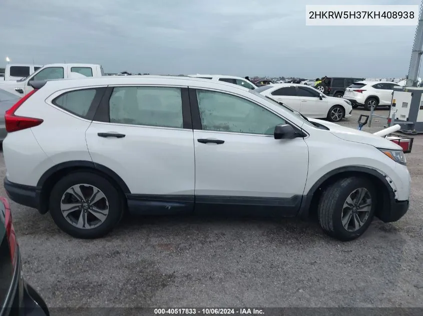 2019 Honda Cr-V Lx VIN: 2HKRW5H37KH408938 Lot: 40517833