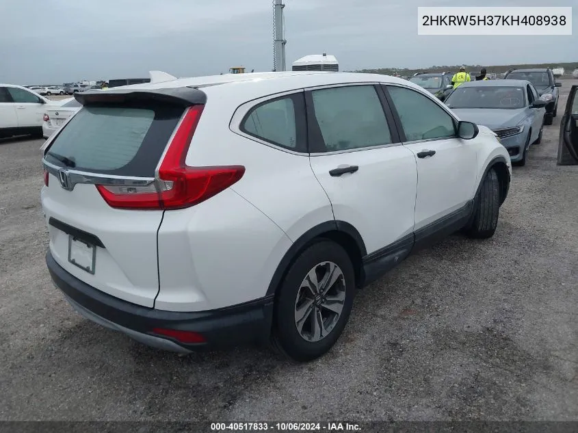 2019 Honda Cr-V Lx VIN: 2HKRW5H37KH408938 Lot: 40517833