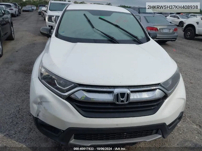 2019 Honda Cr-V Lx VIN: 2HKRW5H37KH408938 Lot: 40517833