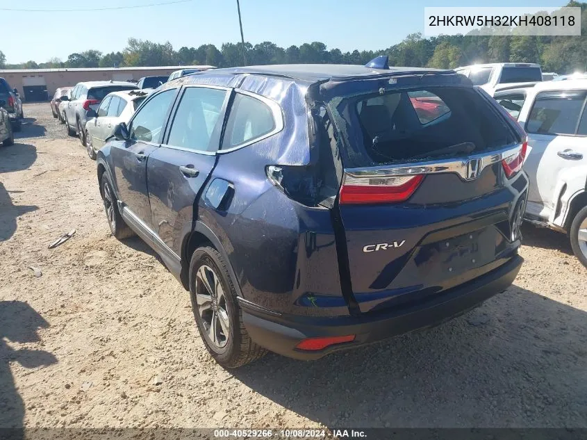 2019 Honda Cr-V Lx VIN: 2HKRW5H32KH408118 Lot: 40529266