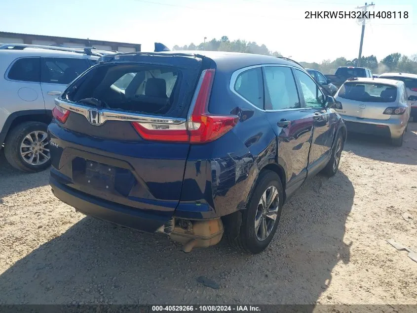 2019 Honda Cr-V Lx VIN: 2HKRW5H32KH408118 Lot: 40529266