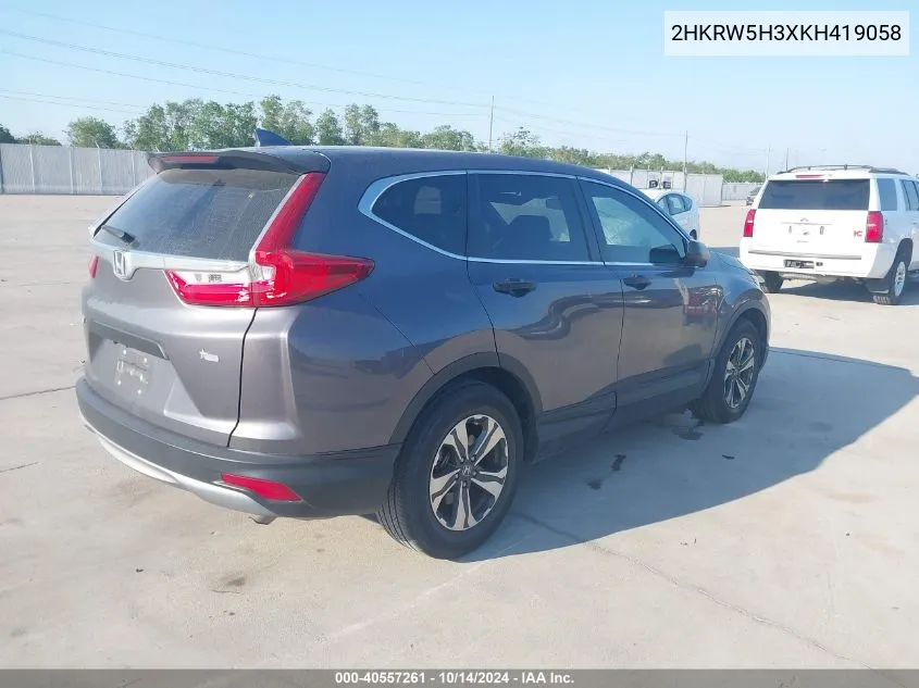 2019 Honda Cr-V Lx VIN: 2HKRW5H3XKH419058 Lot: 40557261