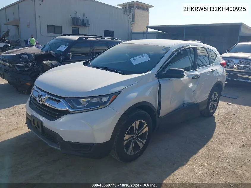 2019 Honda Cr-V Lx VIN: 2HKRW5H32KH400925 Lot: 40569775