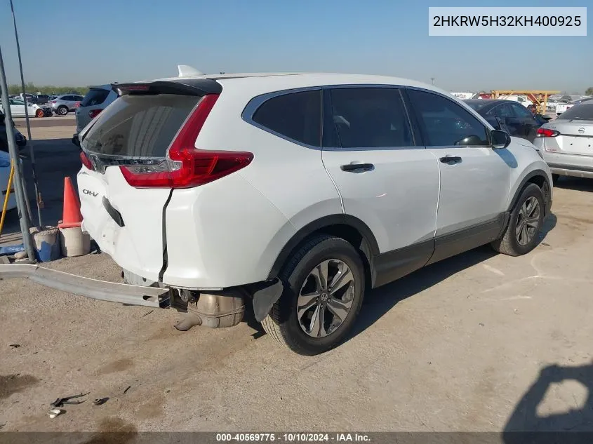 2019 Honda Cr-V Lx VIN: 2HKRW5H32KH400925 Lot: 40569775