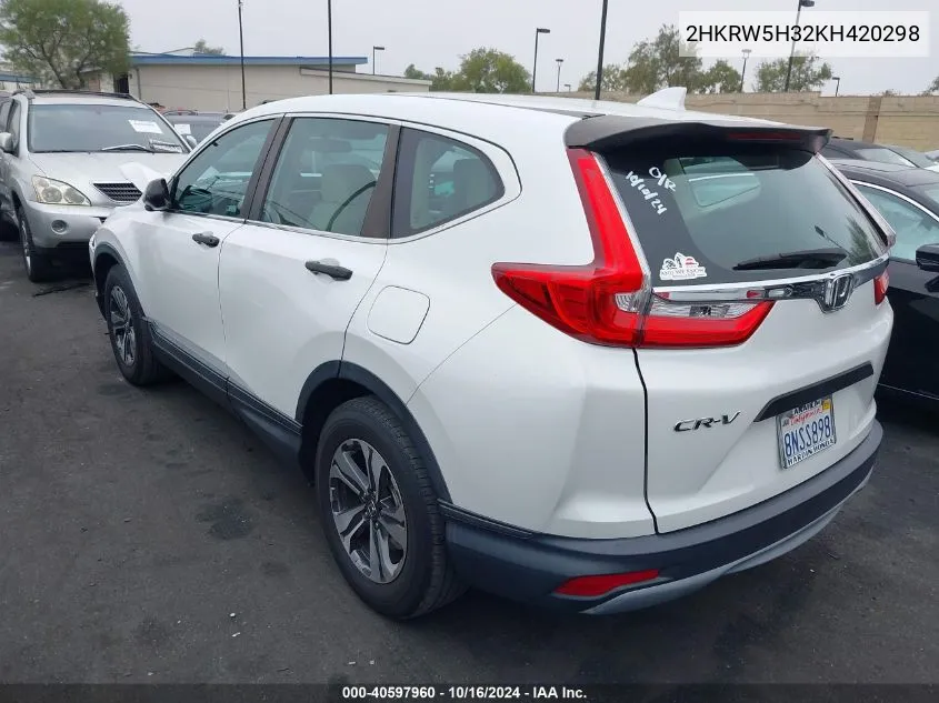 2019 Honda Cr-V Lx VIN: 2HKRW5H32KH420298 Lot: 40597960