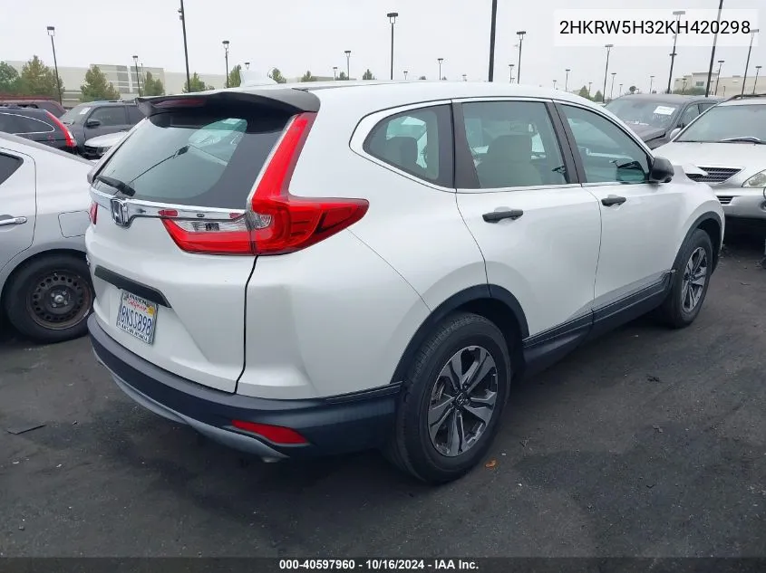 2019 Honda Cr-V Lx VIN: 2HKRW5H32KH420298 Lot: 40597960