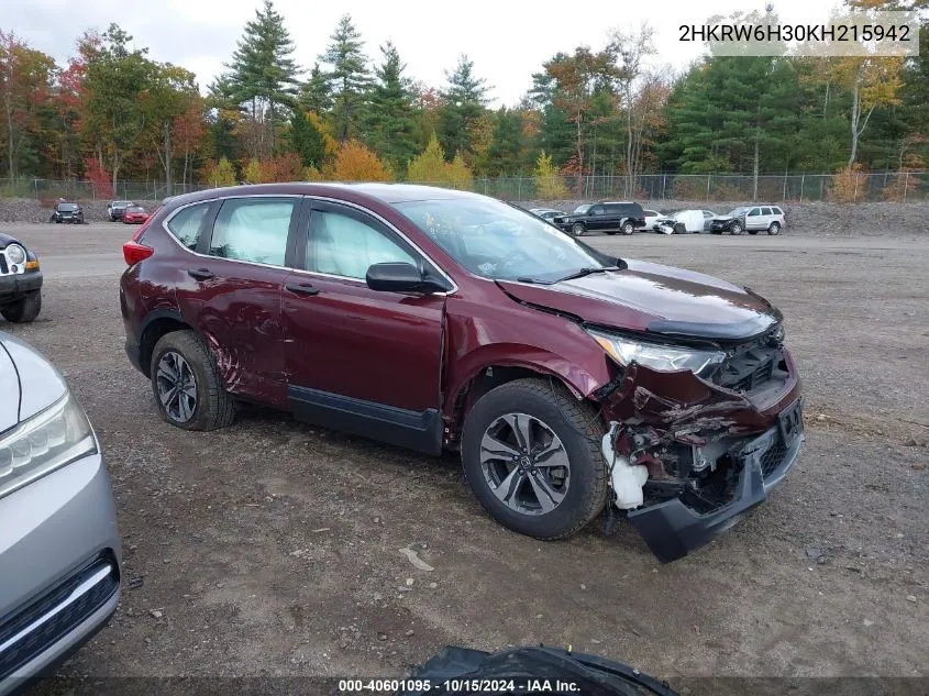 2019 Honda Cr-V Lx VIN: 2HKRW6H30KH215942 Lot: 40601095