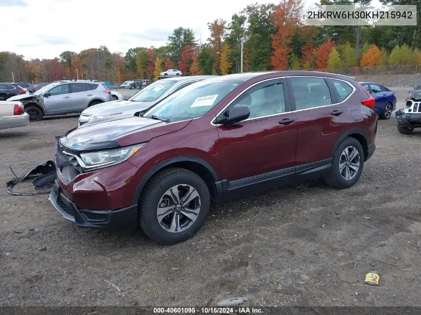 2019 Honda Cr-V Lx VIN: 2HKRW6H30KH215942 Lot: 40601095