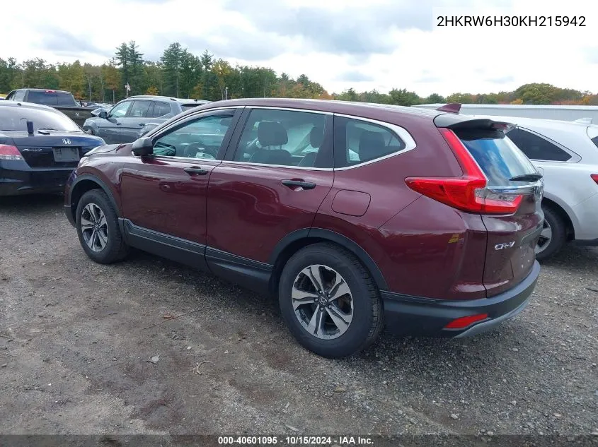 2019 Honda Cr-V Lx VIN: 2HKRW6H30KH215942 Lot: 40601095