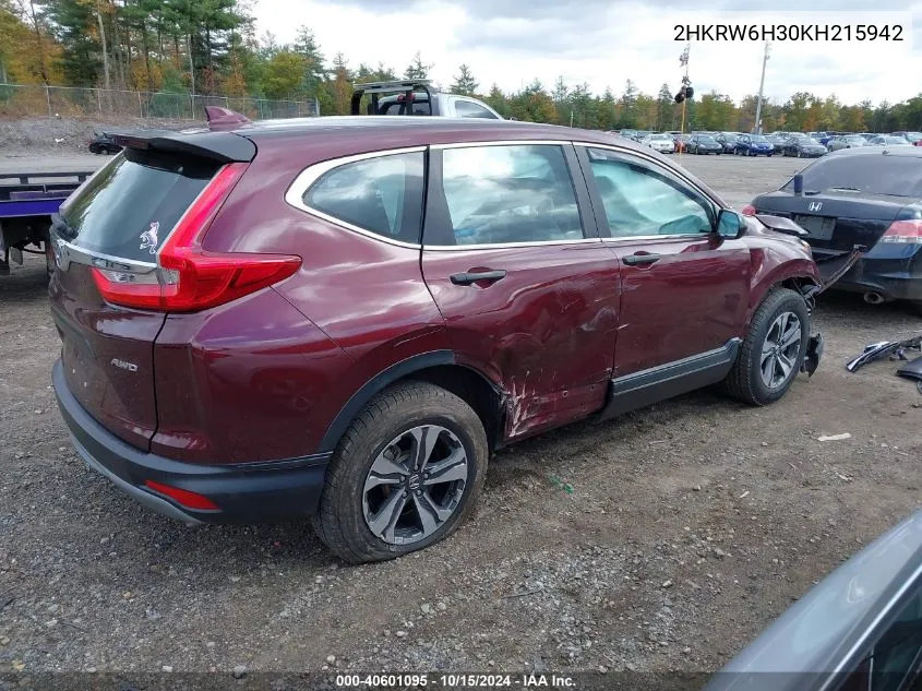 2019 Honda Cr-V Lx VIN: 2HKRW6H30KH215942 Lot: 40601095