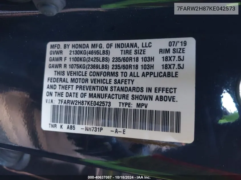 2019 Honda Cr-V Ex-L VIN: 7FARW2H87KE042573 Lot: 40637087