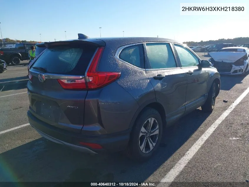 2019 Honda Cr-V Lx VIN: 2HKRW6H3XKH218380 Lot: 40640312