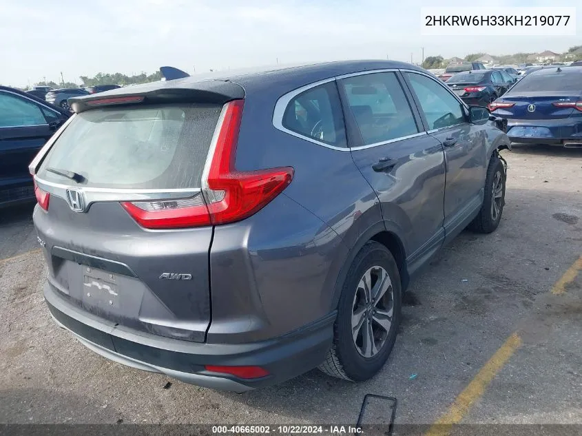 2019 Honda Cr-V Lx VIN: 2HKRW6H33KH219077 Lot: 40665002