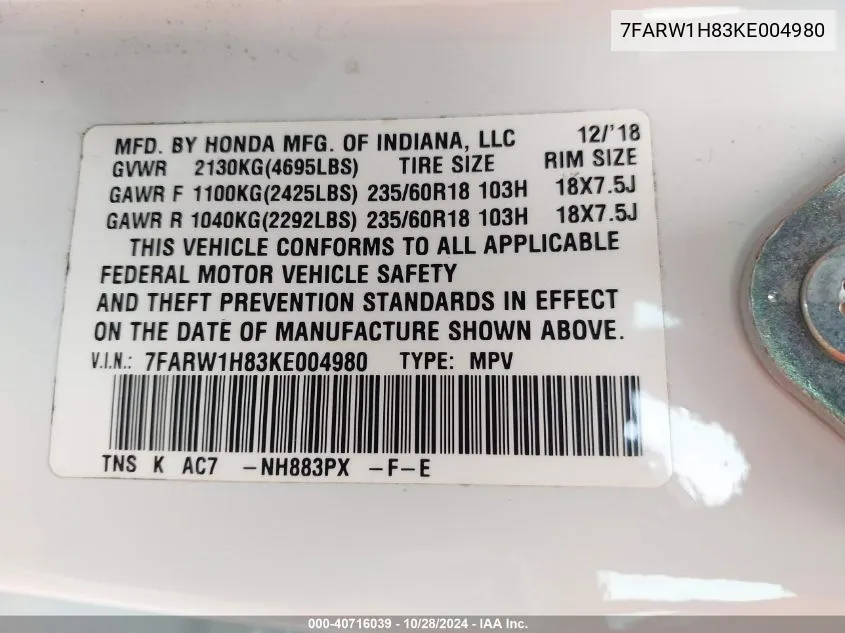 7FARW1H83KE004980 2019 Honda Cr-V Ex-L