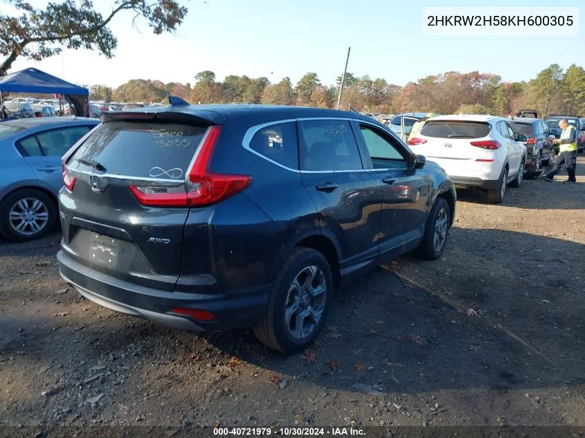 2019 Honda Cr-V Ex VIN: 2HKRW2H58KH600305 Lot: 40721979