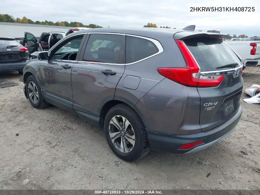 2019 Honda Cr-V Lx VIN: 2HKRW5H31KH408725 Lot: 40728933