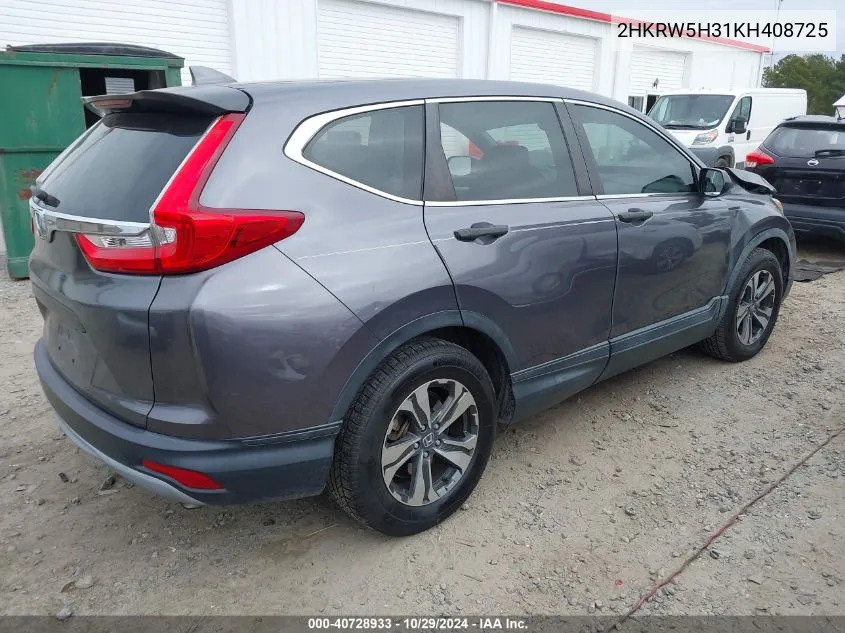 2019 Honda Cr-V Lx VIN: 2HKRW5H31KH408725 Lot: 40728933