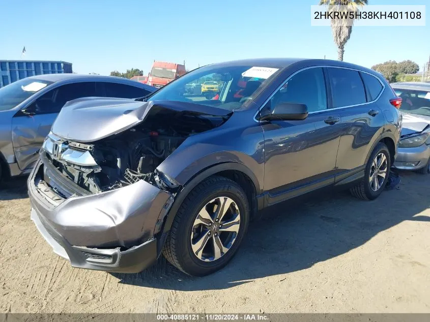 2019 Honda Cr-V Lx VIN: 2HKRW5H38KH401108 Lot: 40885121