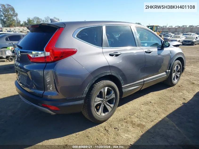 2019 Honda Cr-V Lx VIN: 2HKRW5H38KH401108 Lot: 40885121