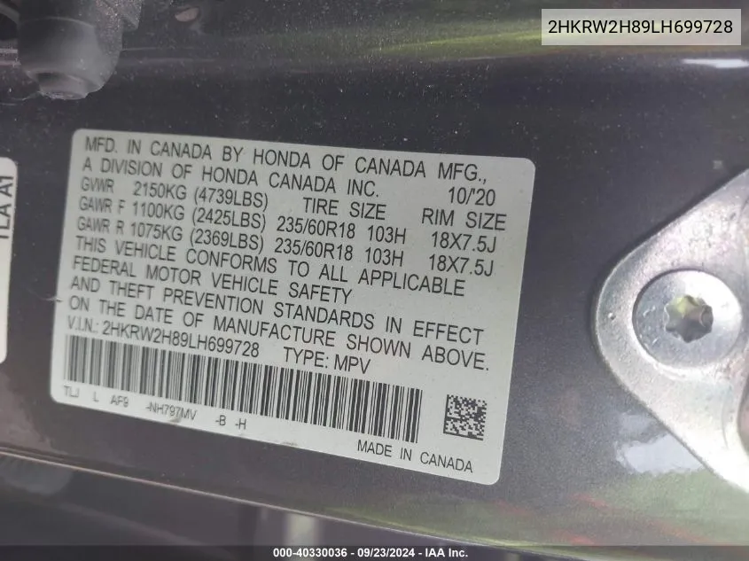 2HKRW2H89LH699728 2020 Honda Cr-V Awd Ex-L