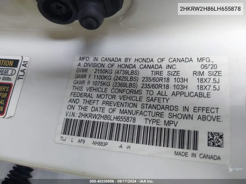 2020 Honda Cr-V Exl VIN: 2HKRW2H86LH655878 Lot: 40338956