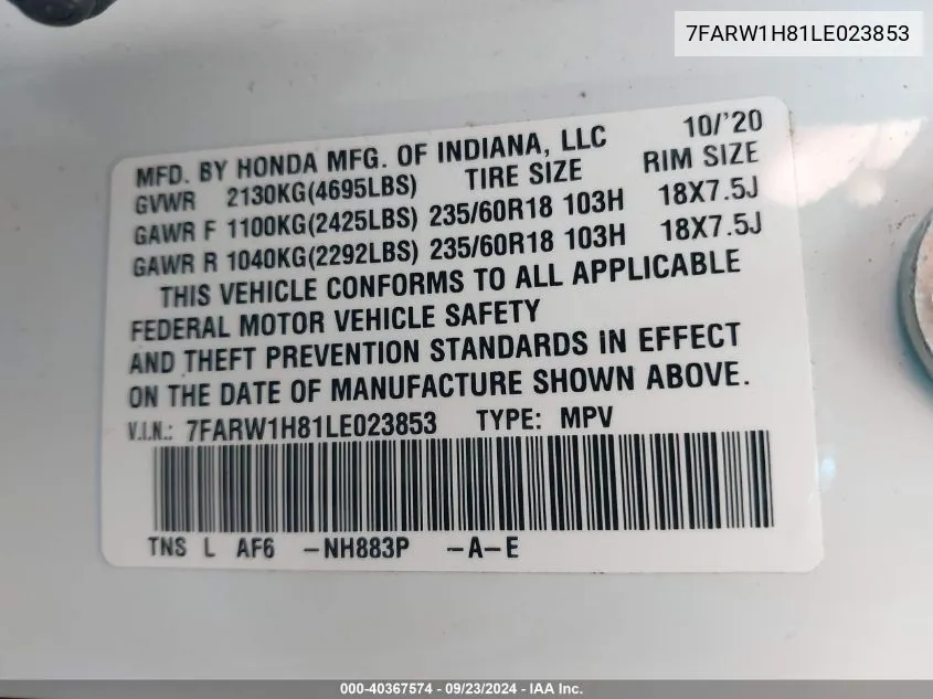 7FARW1H81LE023853 2020 Honda Cr-V 2Wd Ex-L